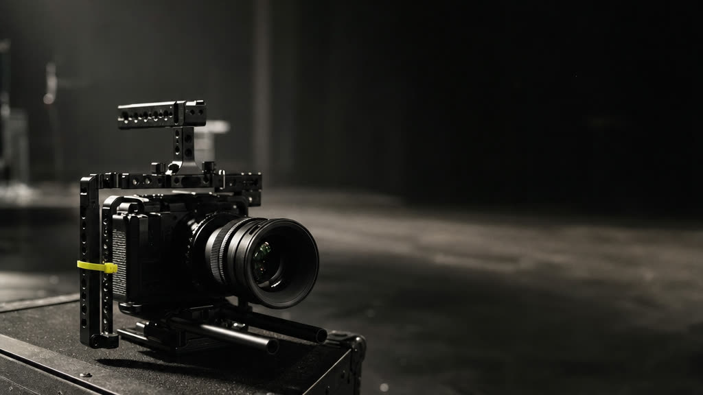A matte black camera cage on a road case, with a chrome yellow cable tie around one rail
