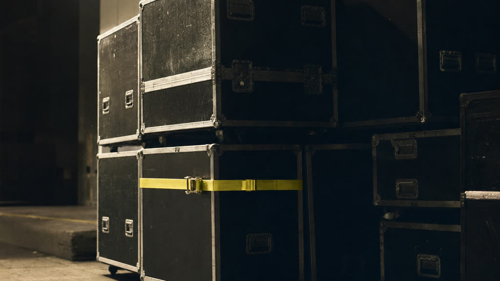 A stacked wall of black flight cases on a loading dock at night, one secured with a chrome yellow strap